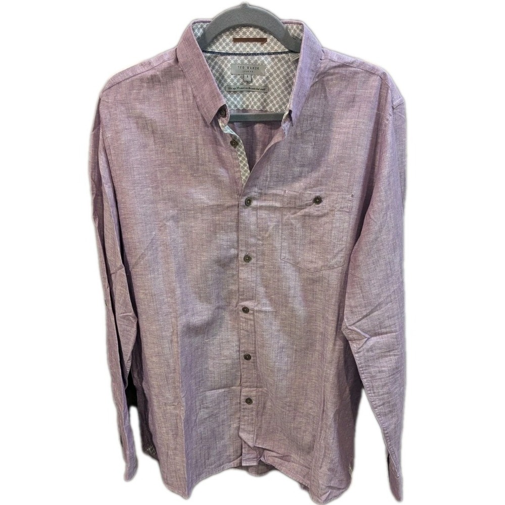 Ted Baker London Shirt Mens 5 US XL Purple Linen Blend Flip Cuff Roll Tab Sleeve